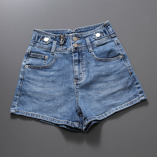 Hong Kong Trendy Brand European Style Korean Version Stretchy Two-Button Dark Blue High-Waisted Denim Shorts Slim Fit Flattering Women's Soft Summer