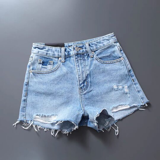 European Style Korean Version 2024 Summer New Arrival European Style Korean Version Light Blue High-Waisted Denim Shorts with Ripped Edges and Frayed Edges, Slimming Effect