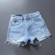 European Style Korean Version 2024 Summer New Arrival European Style Korean Version Light Blue High-Waisted Denim Shorts with Ripped Edges and Frayed Edges, Slimming Effect