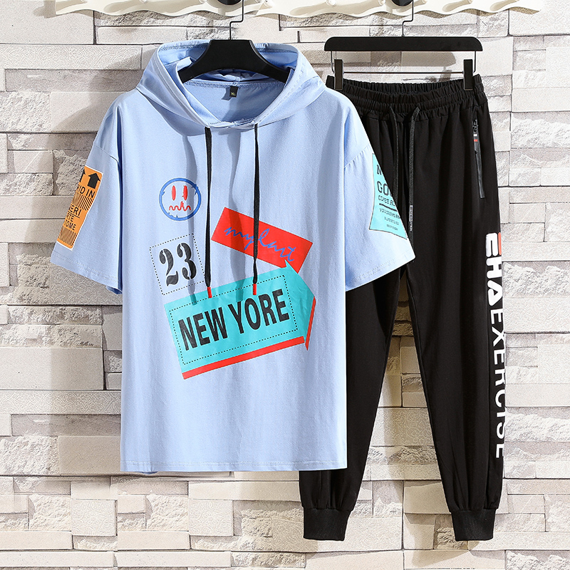 Mùa hè mặc một người bảo vệ mũ nam t-shirt bộ học sinh trung học cơ sở ngắn tay cậu bé lớn trùm đầu một bộ đồ đẹp trai.