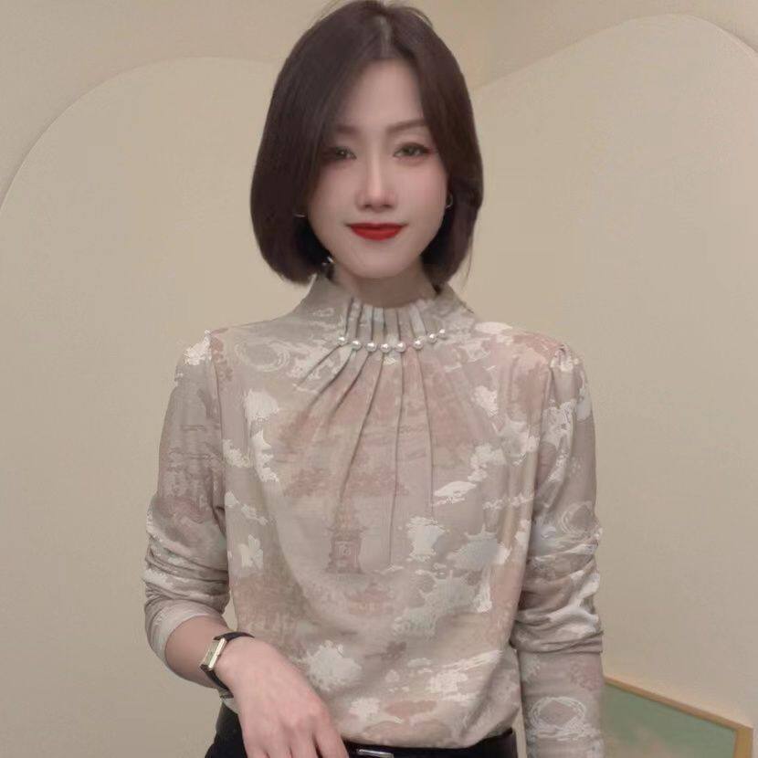 时尚钉珠圆领长袖一体绒T恤女2025新款洋气上衣内搭保暖打底小衫