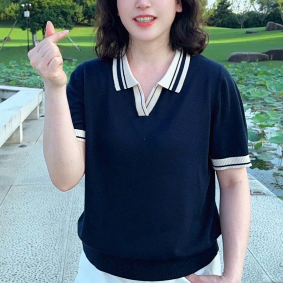 洋气妈妈夏装新款短袖T恤休闲中年女装针织小衫薄款时尚遮肚上衣