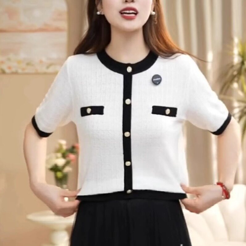 中年女装时尚撞色小香风天丝针织衫短袖薄款T恤圆领洋气妈妈小衫