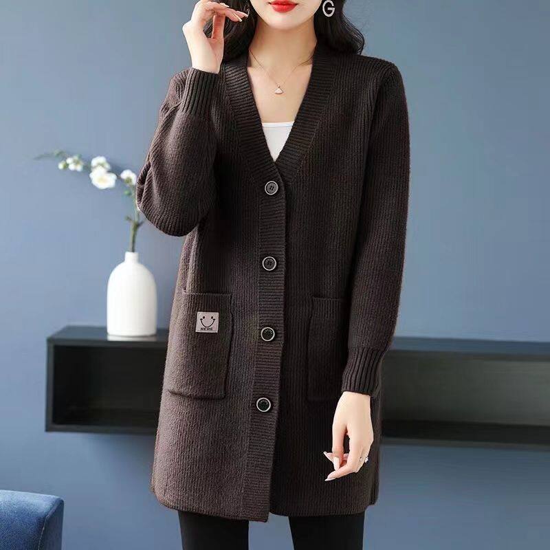 中年妈妈时尚纯色V领中长款针织开衫女2025春季新款长袖毛衣外套