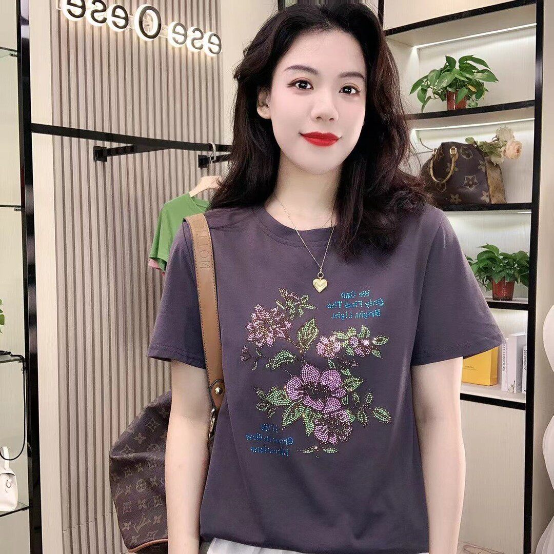 2025夏季新款时尚正肩纯棉短袖T恤女宽松显瘦高级感印花圆领上衣