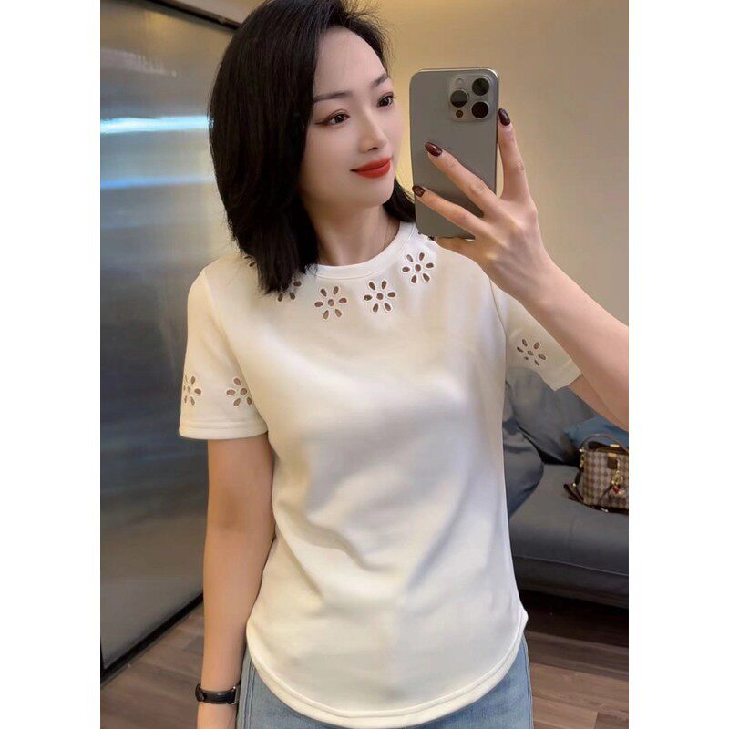 中年女装时尚镂空圆领短袖纯棉T恤2025夏季新款纯色百搭妈妈小衫