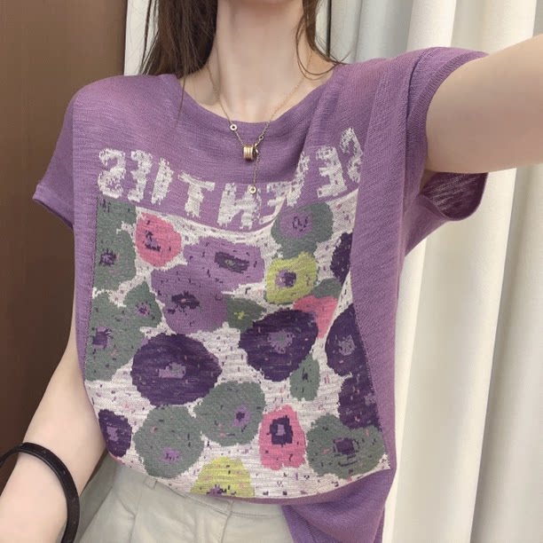 妈妈夏装洋气上衣2024新款字母印花T恤女士短袖圆领时尚宽松小衫