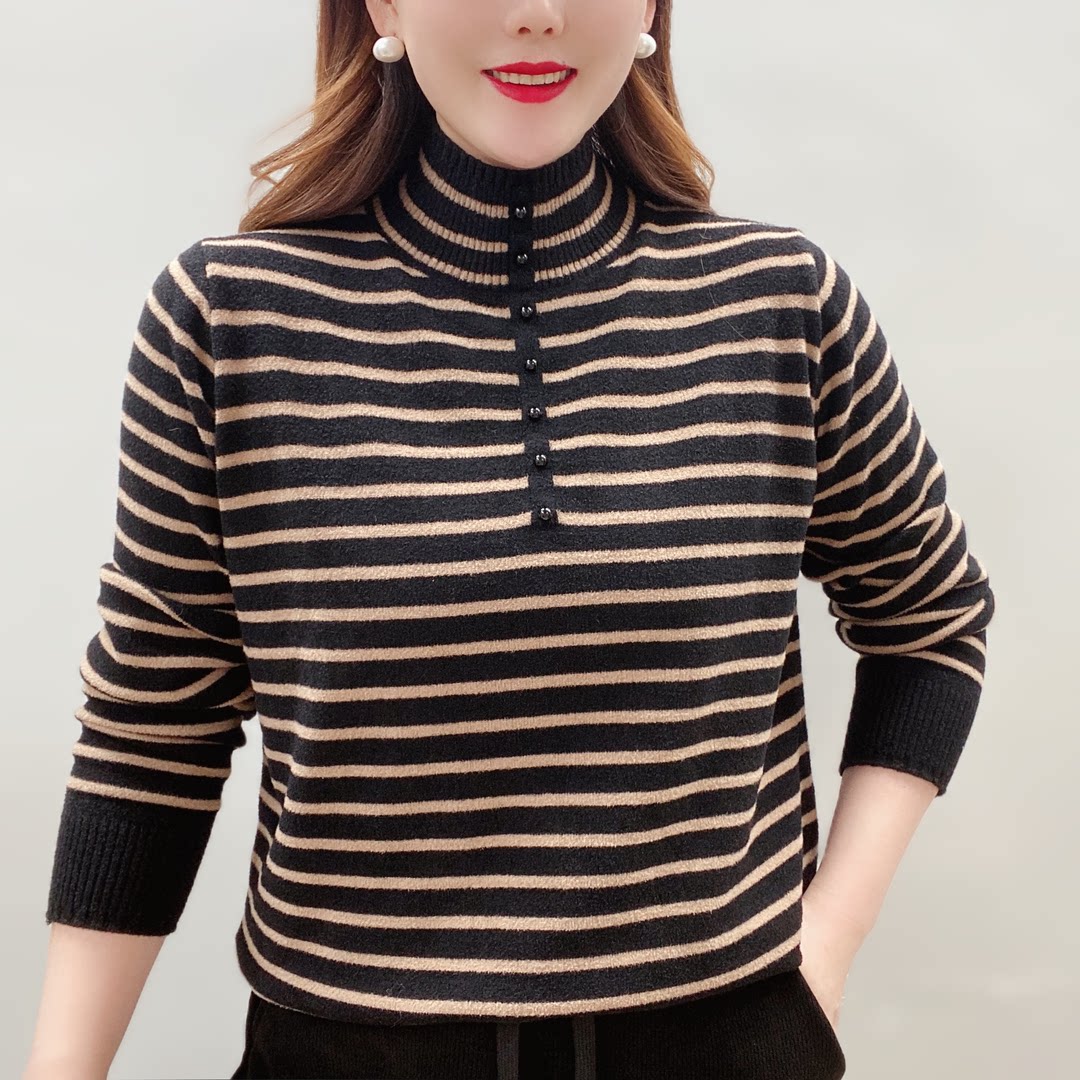 时尚条纹半高领针织衫妈妈装上衣秋冬新款大码宽松毛衣内搭打底衫