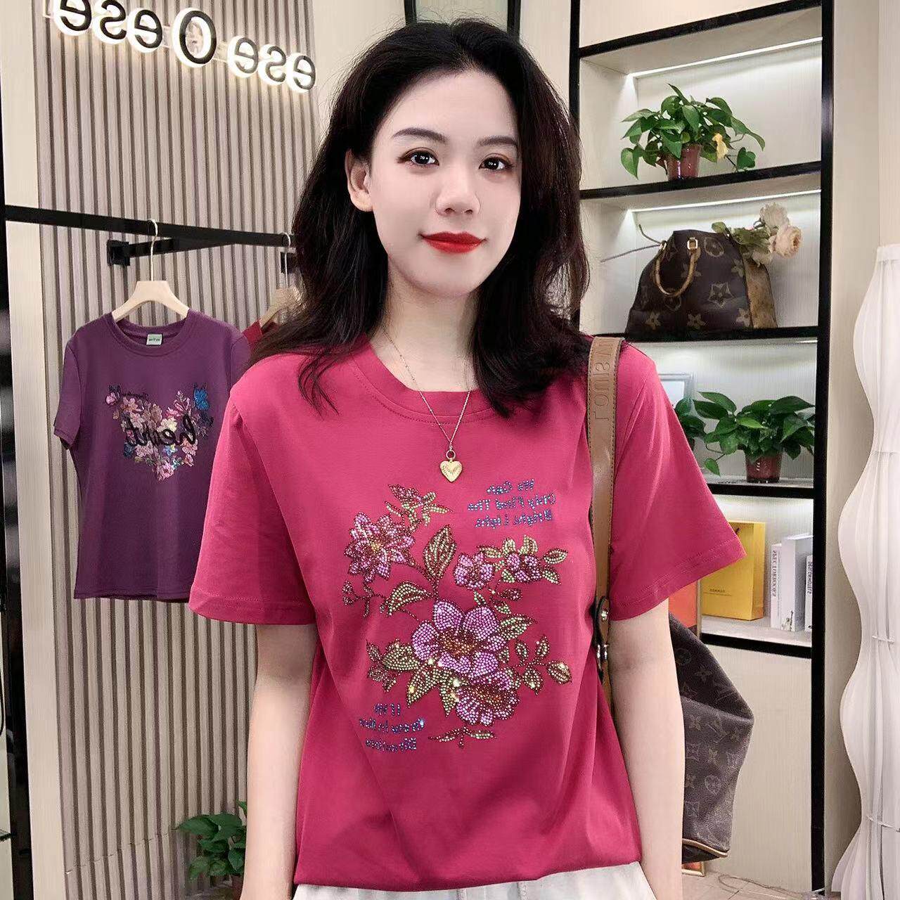 时尚镶钻印花纯棉短袖T恤女2025夏季新款气质圆领小衫高级感上衣