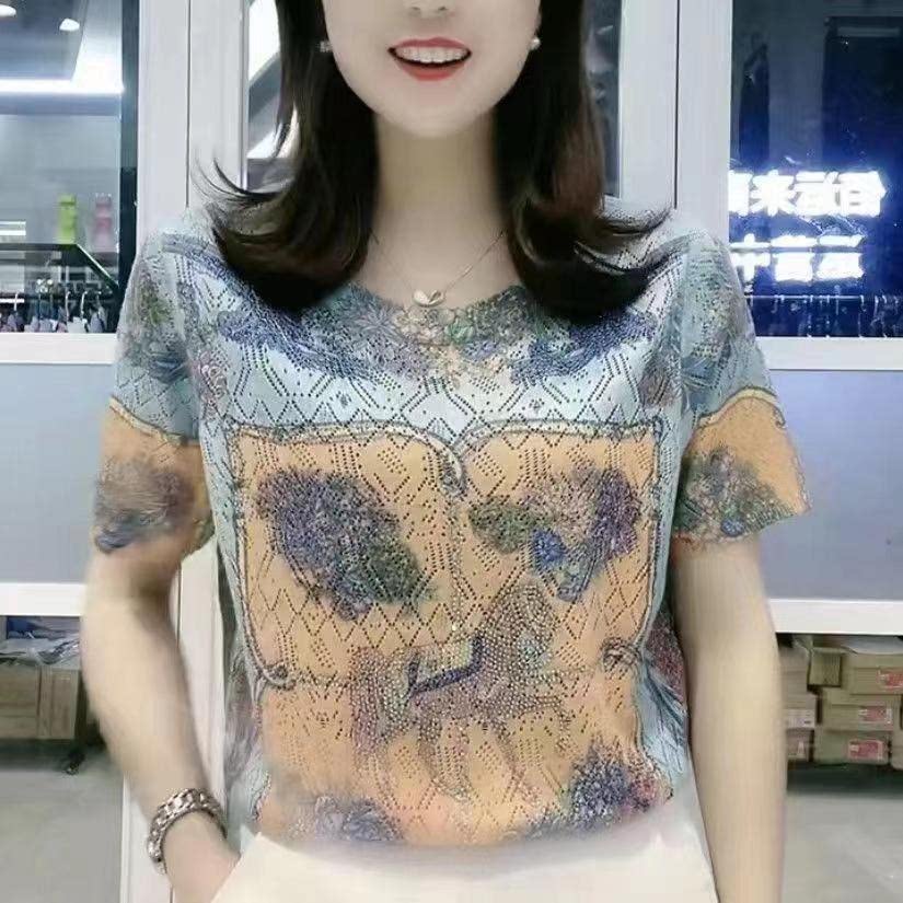 T恤女短袖2024夏新款时尚烫钻印花上衣宽松遮肚减龄妈妈洋气小衫
