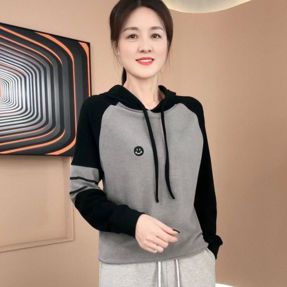 中年妈妈秋装双面绒连帽卫衣女2025秋季新款时尚内搭洋气打底上衣