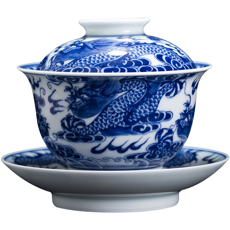 The big three to tureen pure manual hand - made ceramic blue full Kowloon grain tea bowl of jingdezhen tea by hand