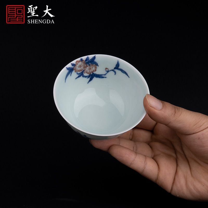 Holy big ceramic sample tea cup pure manual hand - made jingdezhen porcelain color red peach blossom put tattoo master cup kung fu tea cups