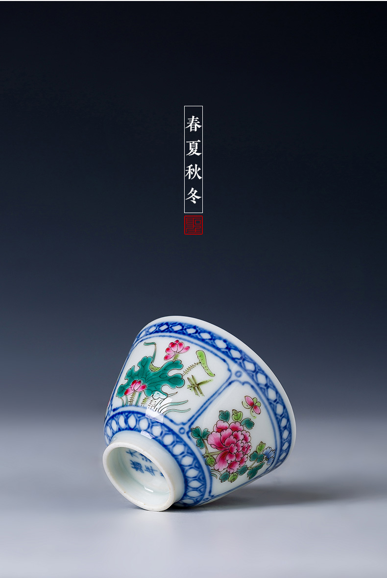 Holy big blue and white window teacups hand - made ceramic kungfu pastel spring, summer, autumn and winter masters cup of jingdezhen tea service by hand