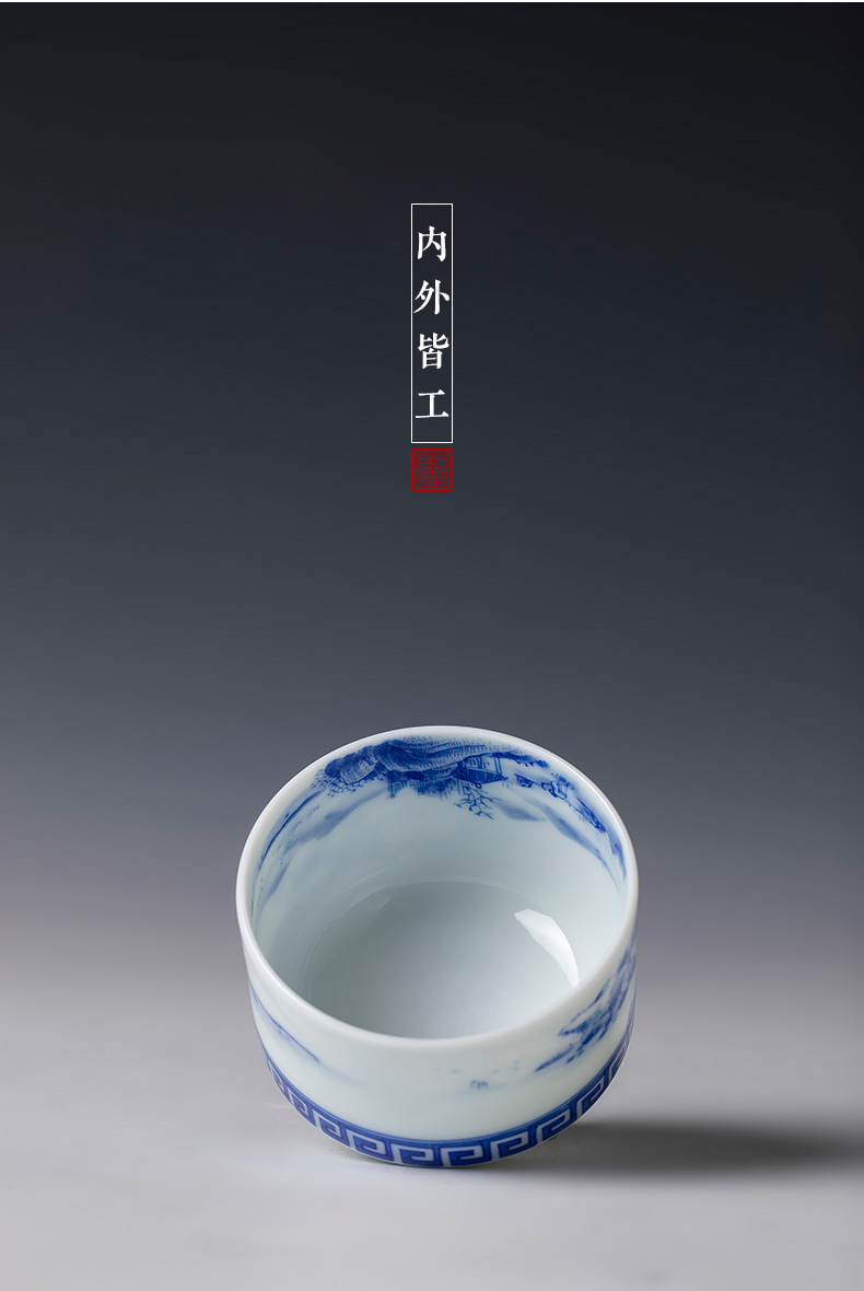 St the ceramic cup kung fu master cup manual hand - made jingdezhen blue and white landscape meander straight cup tea by hand