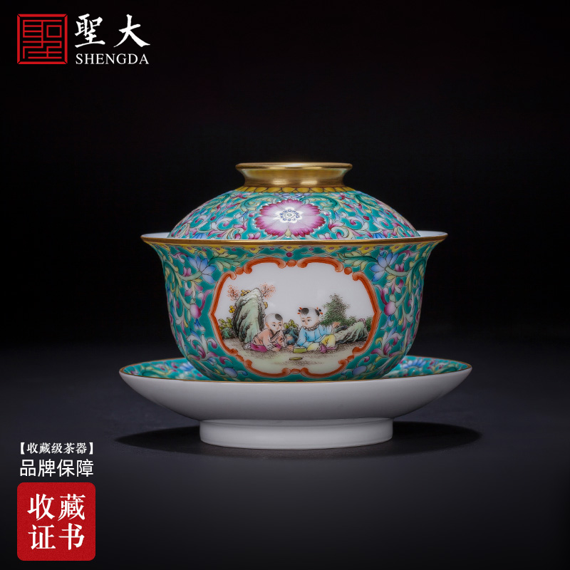 Holy big ceramic and stone green tie up branch flowers open the window to the infant play enamel tureen all hand of jingdezhen tea service