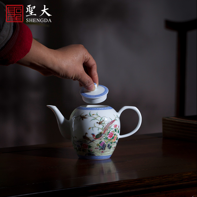 Holy big teapot hand - made ceramic kung fu famille rose hibiscus golden pheasant poetic teapot single pot all hand of jingdezhen tea service