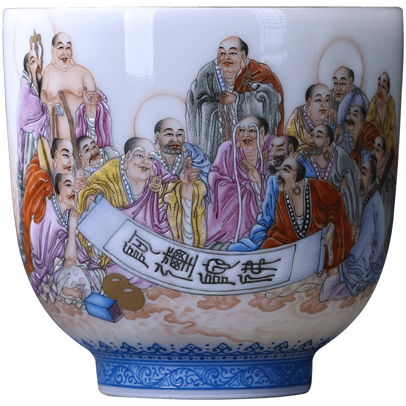 Holy big ceramic curios hand - made heavy powder enamel paint 18 arhats masters cup jingdezhen tea sample tea cup