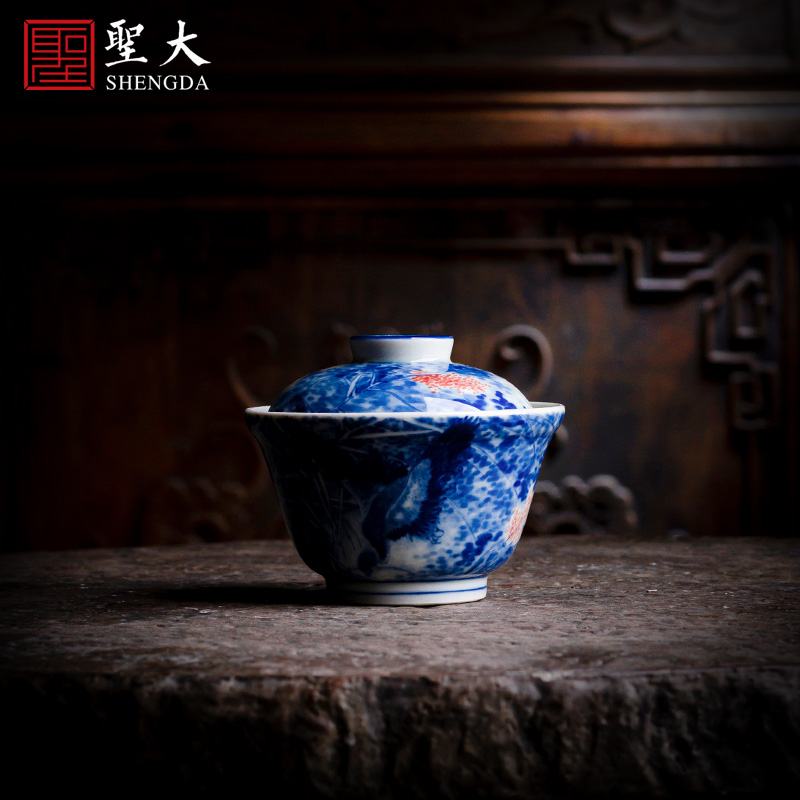 The large ceramic three tureen tea bowl of pure hand - made figure tureen jingdezhen blue and white LuYan tea set manually by hand