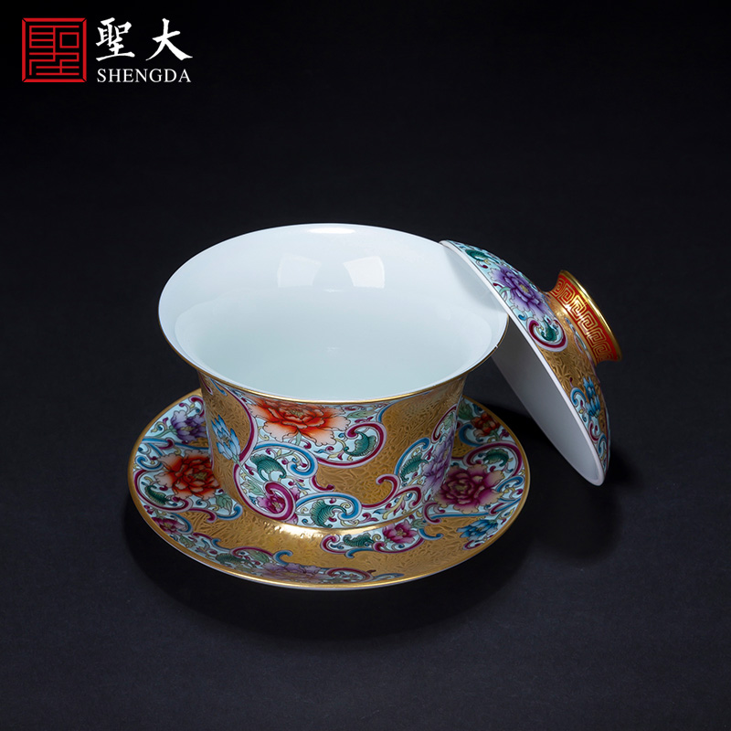 Holy big three to tureen hand - made ceramic colored enamel heap gold flower grain tureen tea bowl of jingdezhen tea service by hand