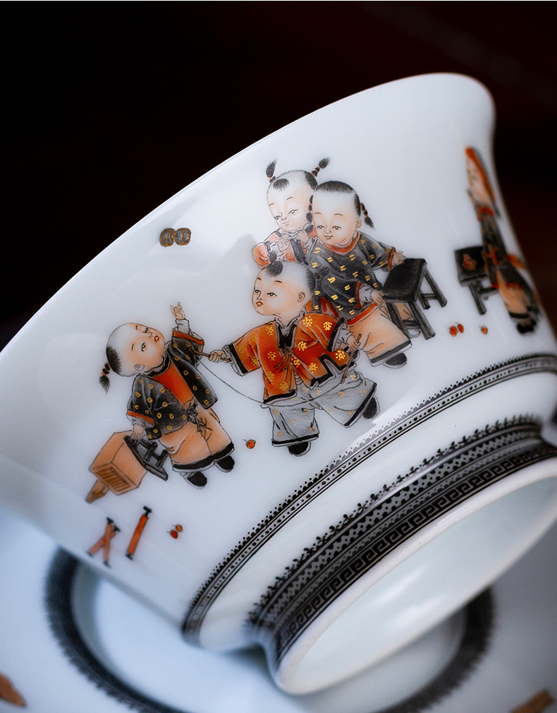 The large ceramic three tureen tea bowl of pure hand - made color ink paint abital figure tureen jingdezhen tea by hand