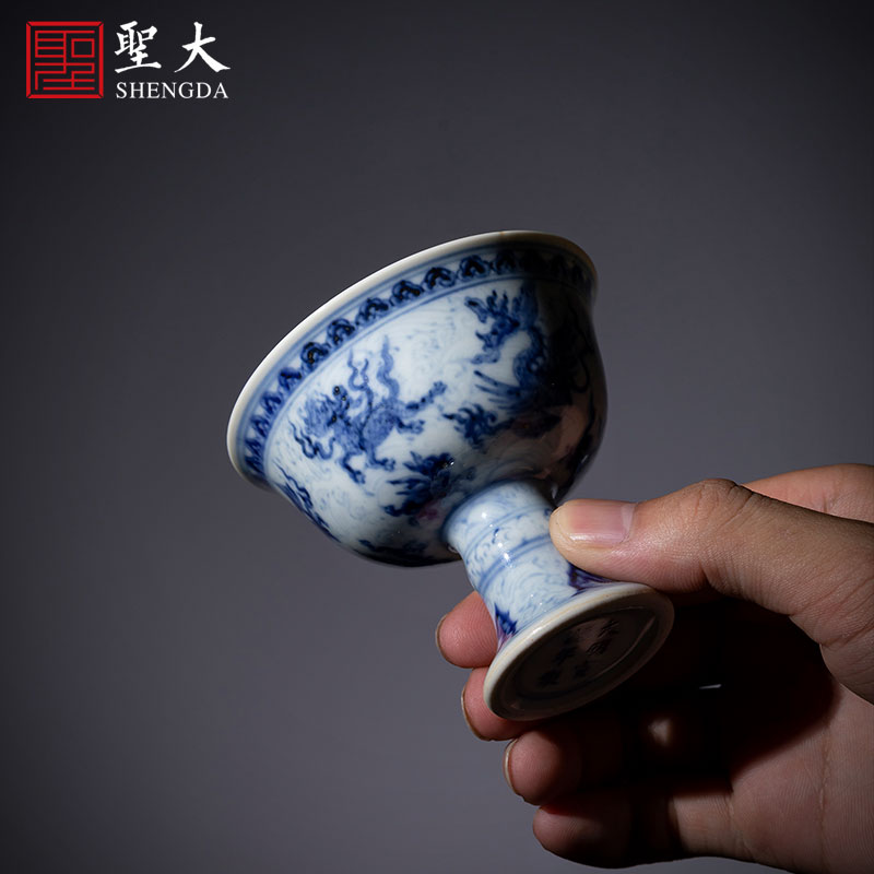 Santa jingdezhen ceramic high - end antique Ming xuande blue sea grain embryo glaze footed cup secret ancient hand made