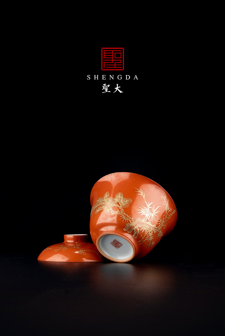 Holy big ceramic coral red paint at the age of poetic tureen kung fu tea cups suit jingdezhen tea bowls