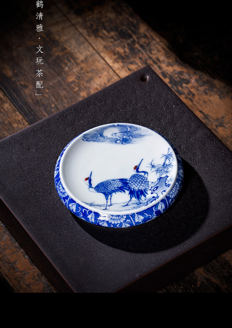 The big buy blue and white moonlit double crane, hand - made ceramic cover cover all hand jingdezhen kung fu tea accessories cover holder frame