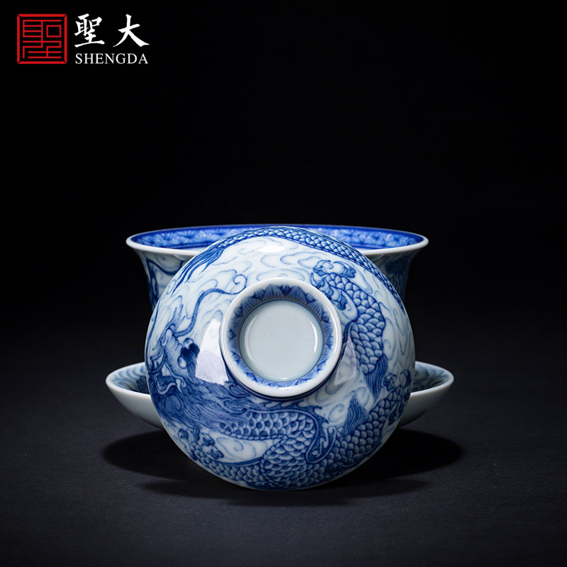 Holy big three to tureen teacups hand - made ceramic antique blue - and - white YunLongWen tea bowl full manual of jingdezhen tea service