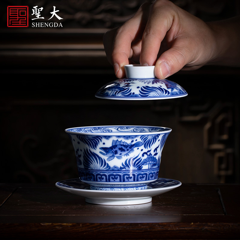 St large ceramic pure hand draw three tureen porcelain cups filled with fish and algae grain tureen pure manual of jingdezhen tea service