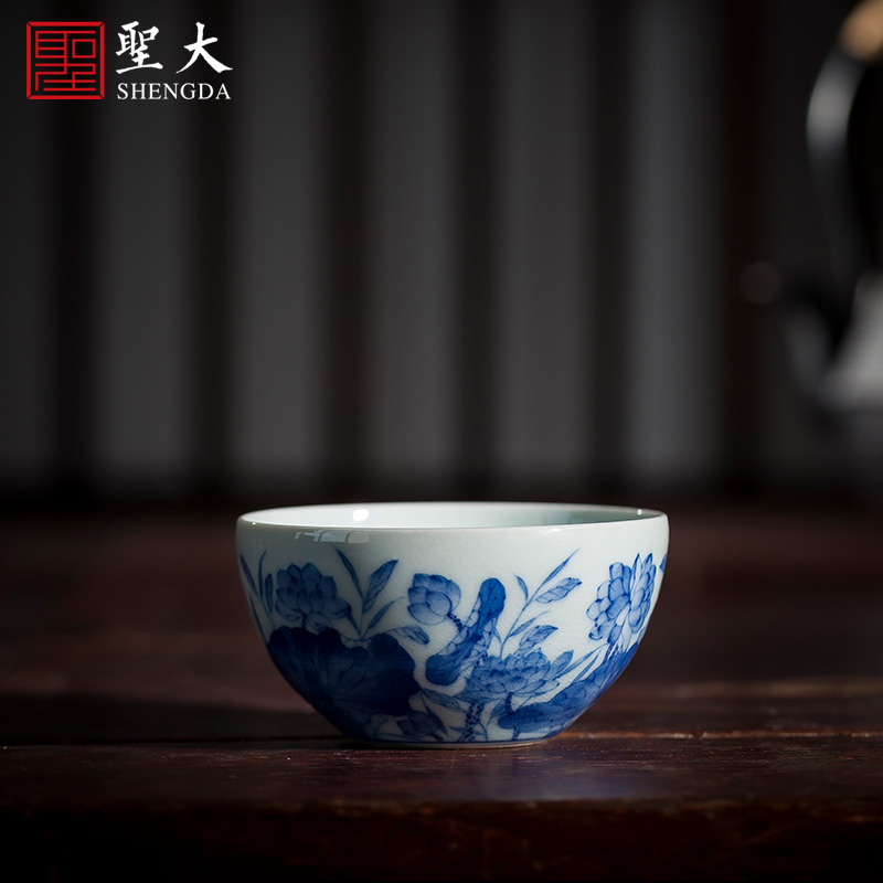 Santa teacups hand - made ceramic kungfu maintain green Hualien pond, green lotus lie fa cup cup of jingdezhen tea service master