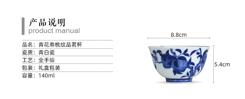 Holy big blue and white peach grain ceramic kunfu tea cup pure hand - made master cup sample tea cup all hand of jingdezhen tea service