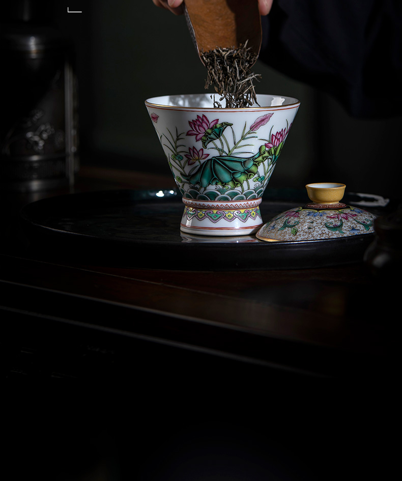 St large ceramic three tureen teacups hand - made pastel paint lotus pond was beautiful sceneries no riding bowl of jingdezhen tea service