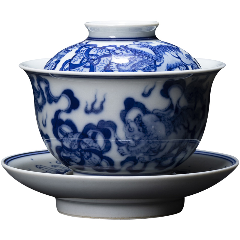The large ceramic three tureen teacups hand - made archaize manual jingdezhen blue and white lion ball make tea bowl tea set
