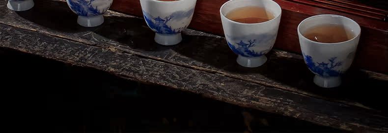 Holy big ceramic fair kung fu tea sets jingdezhen blue and white landscape hand - made teapot sample tea cup eight head groups