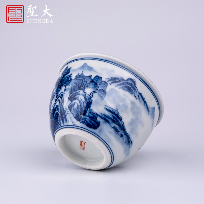 The big blue and white "mountain scenery" cylinder cup manual hand - made ceramic jingdezhen tea sample tea cup kung fu tea cups