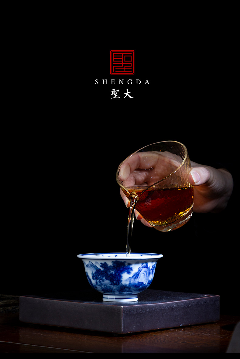 The big blue and white landscape cursive poetry pure hand - made ceramic kung fu tea cups pressure hand cup all hand of jingdezhen tea service