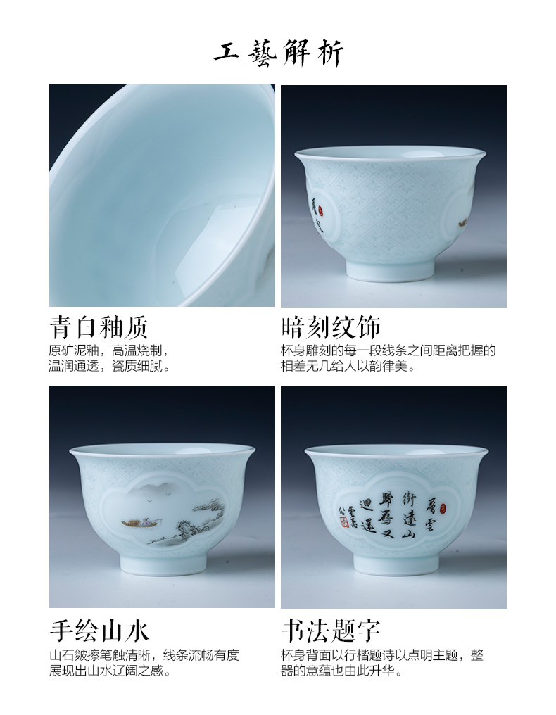 Holy big pure hand - made ceramic dark new color landscape poetry sample tea cup all hand carved the best window of jingdezhen tea service