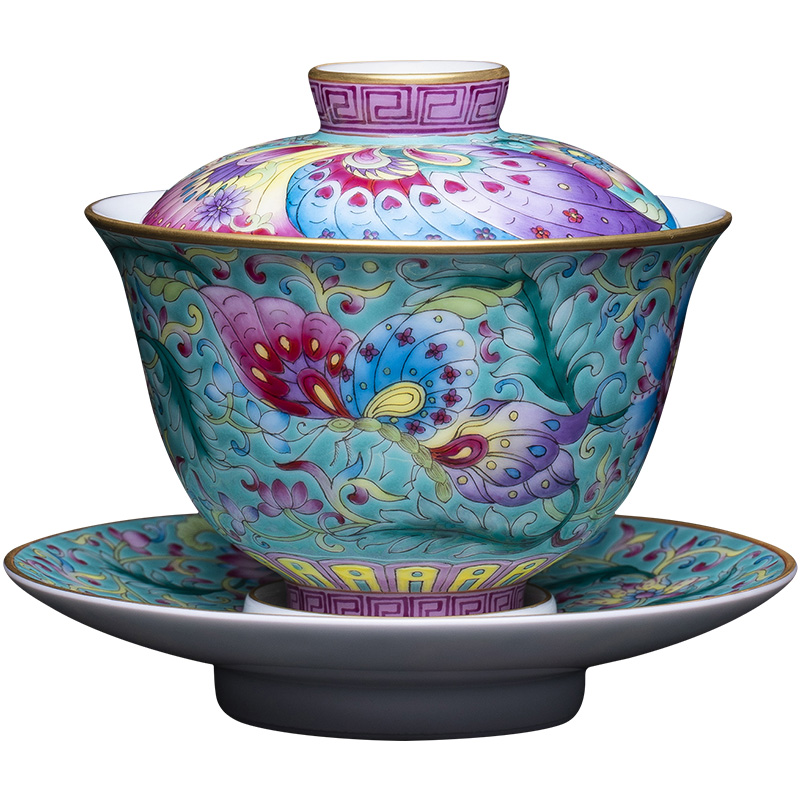 Holy big three to tureen hand - made ceramic colored enamel hoard of green flower butterfly tea bowl full manual of jingdezhen tea service