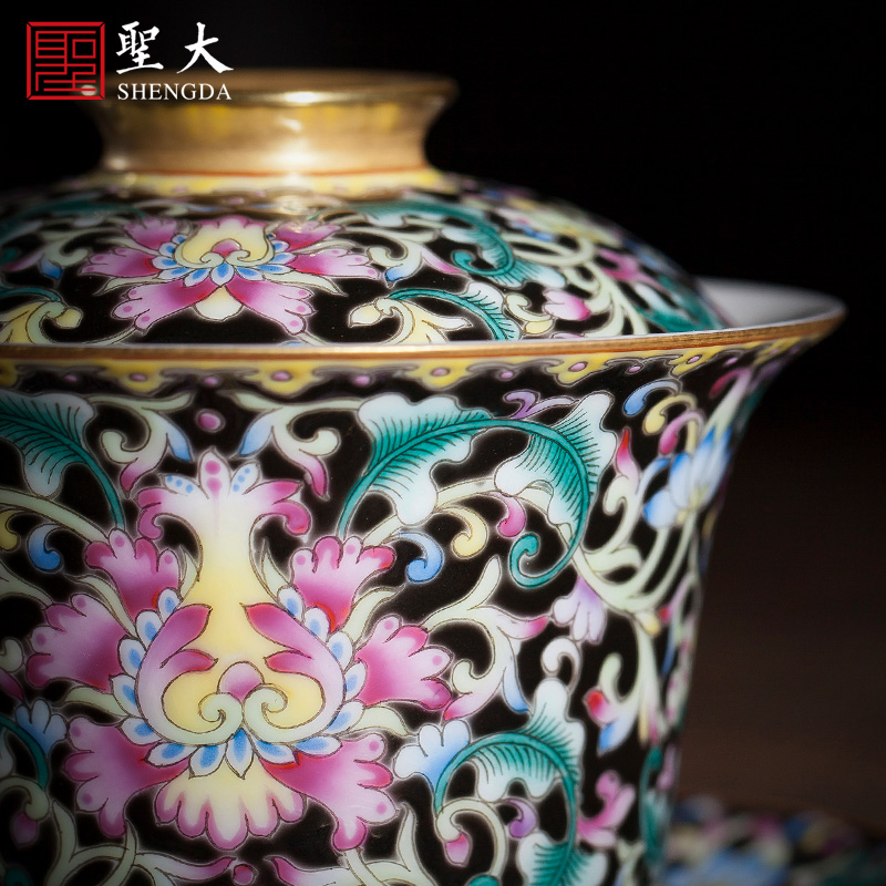 The large ceramic three tureen black enamel colors branch treasure grain tureen jingdezhen all hand kung fu tea set