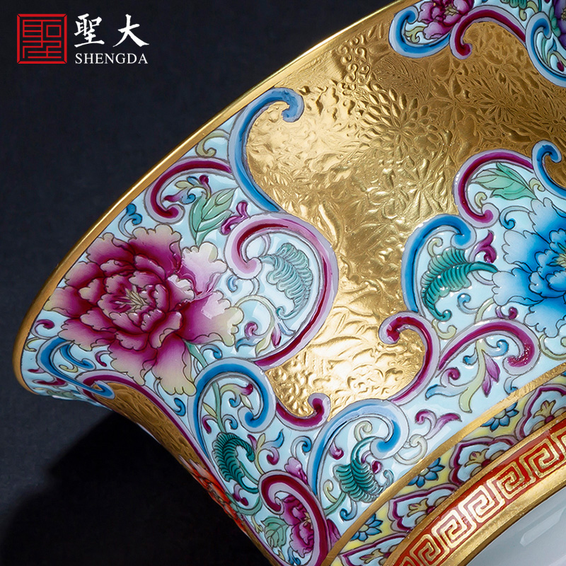 Holy big three to tureen hand - made ceramic colored enamel heap gold flower grain tureen tea bowl of jingdezhen tea service by hand