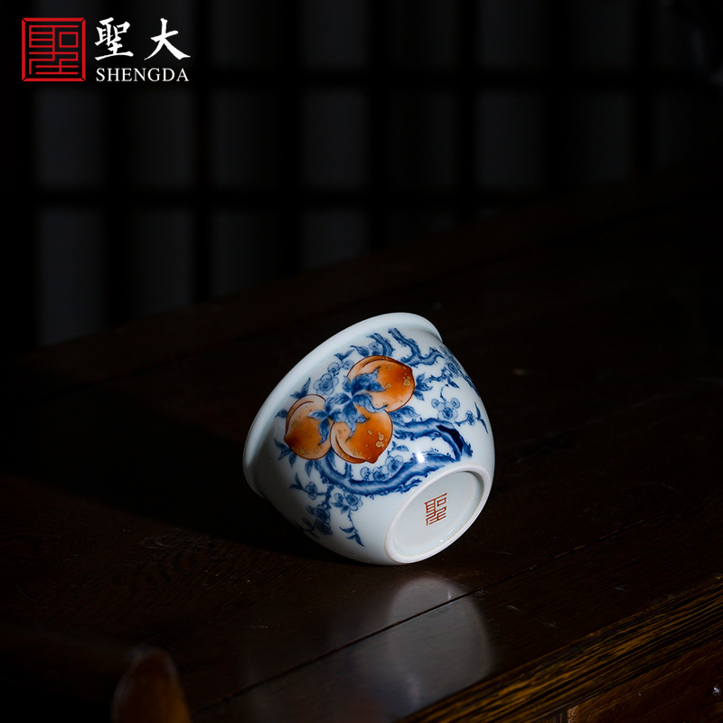 St big blue and white alum red see colour peach teacups hand - made ceramic kung fu wen cylinder cup single cup all hand of jingdezhen tea service