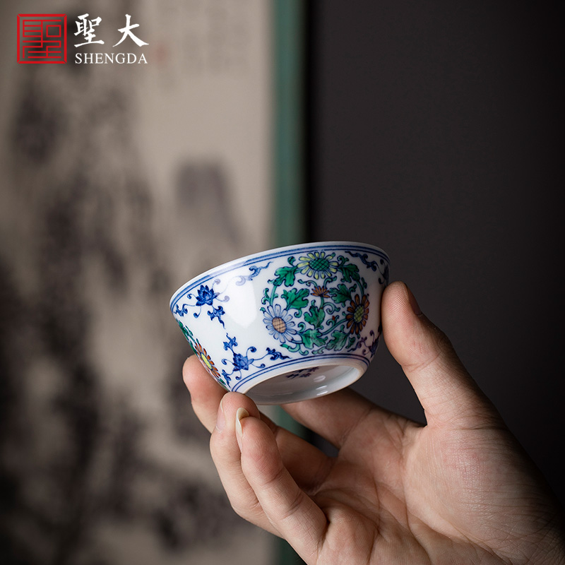 Holy big ceramic kung fu tea master cup of pure hand - made porcelain dou CaiTuan by lines cylinder cup jingdezhen tea by hand