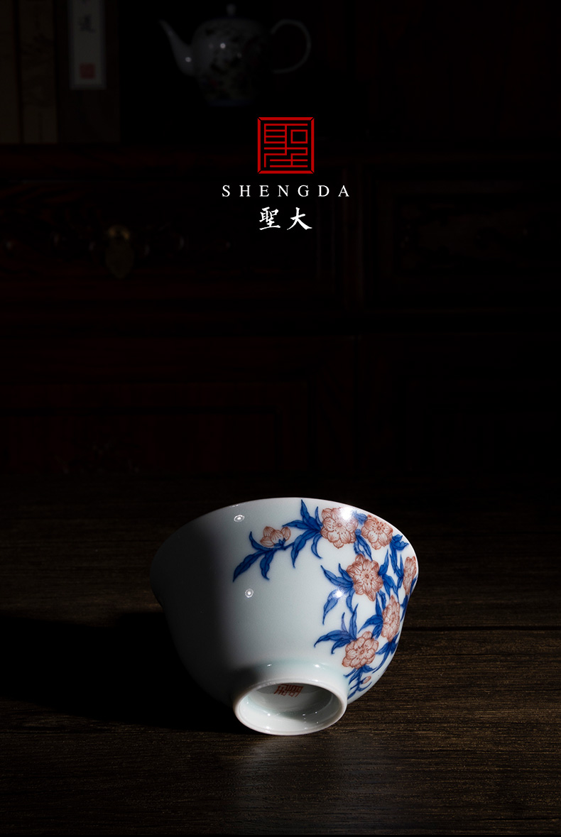 Holy big ceramic sample tea cup pure manual hand - made jingdezhen porcelain color red peach blossom put tattoo master cup kung fu tea cups