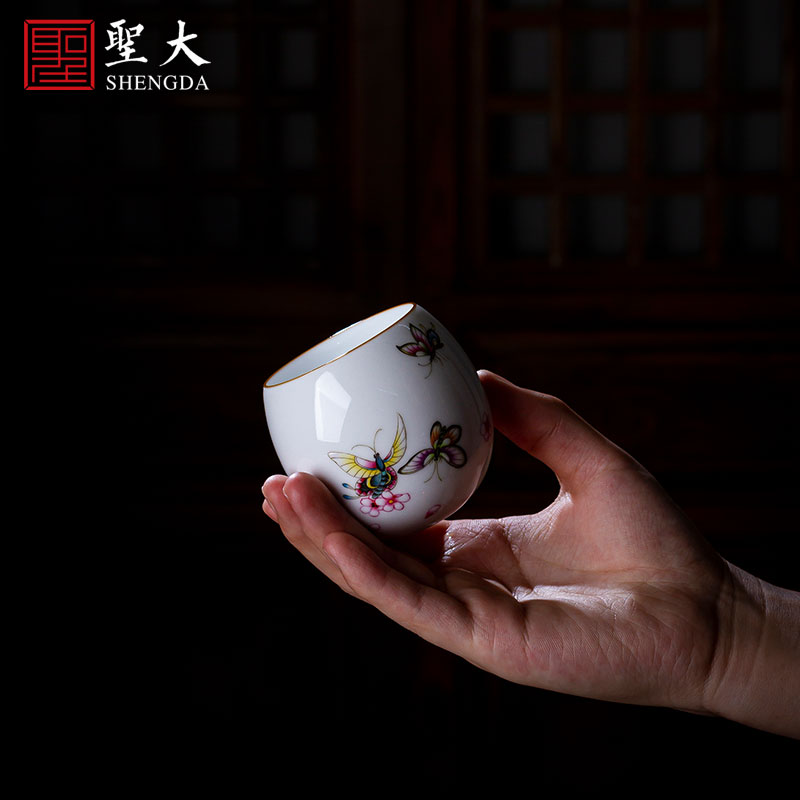 Holy big ceramic kung fu tea master cup hand - made famille rose flower butterfly not cup of jingdezhen manual sample tea cup of tea