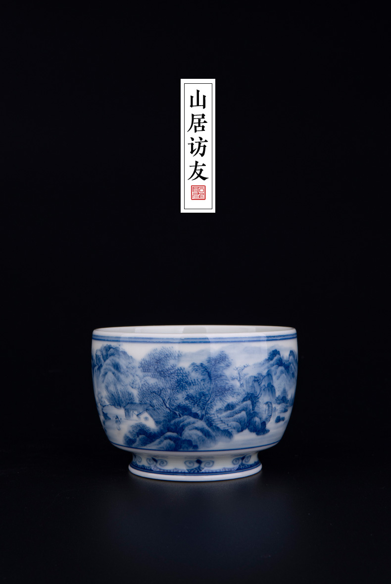 The big blue and white "want friends on" best CPU, jingdezhen ceramic pure hand - made tea sample tea cup kung fu tea cups