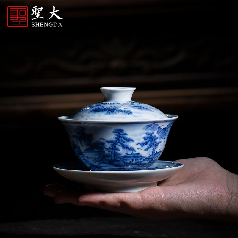 The big three to make tea tureen kung fu teacups hand - made scenery of blue and white porcelain ceramic bowl full manual of jingdezhen tea service