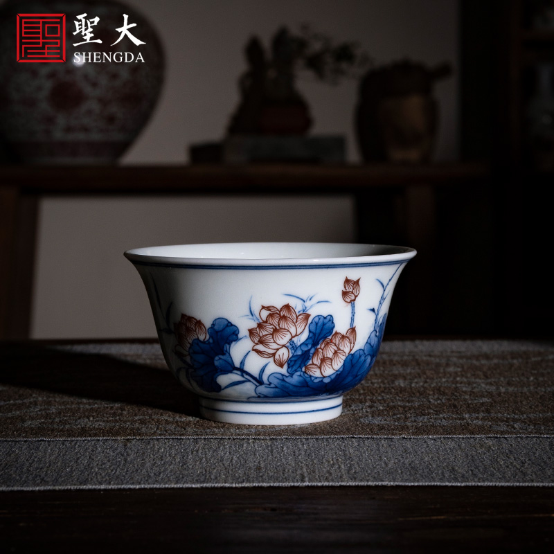 Holy big ceramic kung fu tea cup pure manual hand - made jingdezhen porcelain lotus pond red see colour classical masters cup sample tea cup