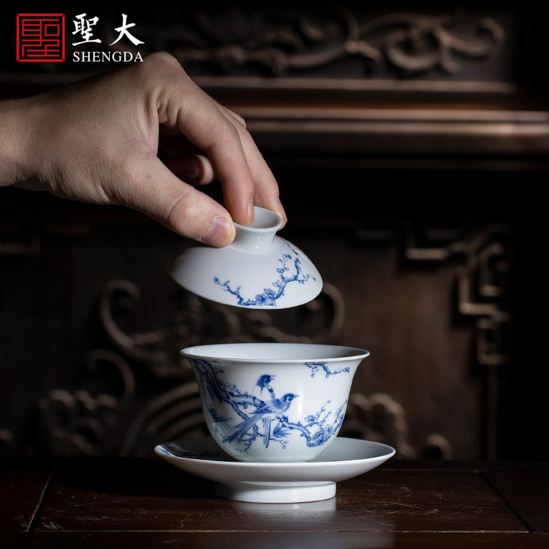 The large ceramic three tureen tea bowl hand - made beaming rock tea tureen jingdezhen blue and white tea by hand