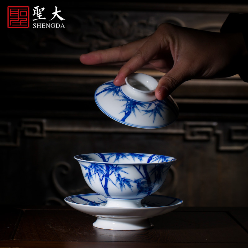 The large ceramic kung fu tea set three blue and white bamboo report peaceful tureen tureen hand - made all hand making tea bowl of tea cups